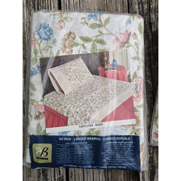 Vintage Bibb Double Full Fitted Flat 2 Pillow Sheet Set Tapestry Rose Floral New - Picture 7 of 10